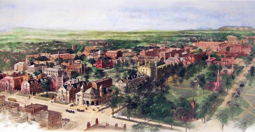 Richard Rummell's 1906 watercolor of the Yale campus, facing north.