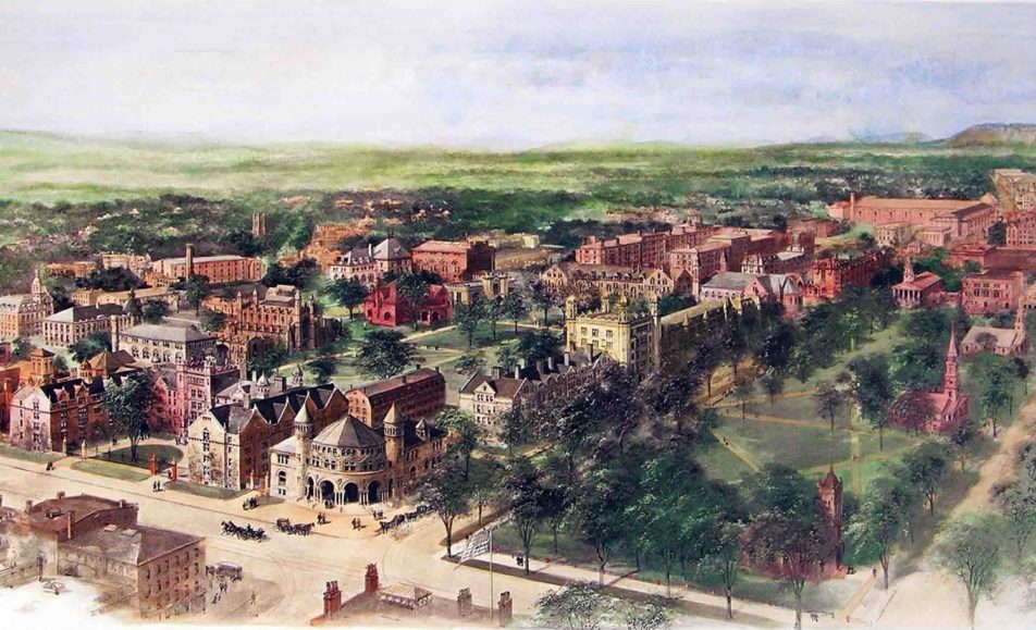 Richard Rummell's 1906 watercolor of the Yale campus, facing north.