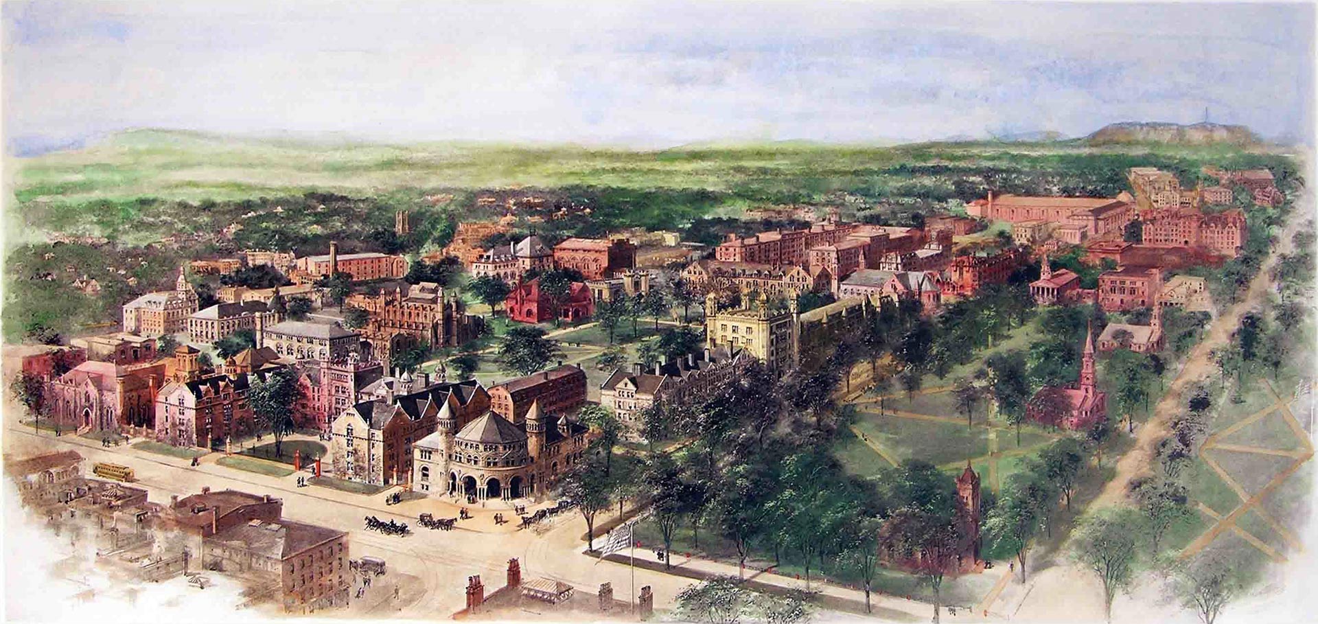 Richard Rummell's 1906 watercolor of the Yale campus, facing north.
